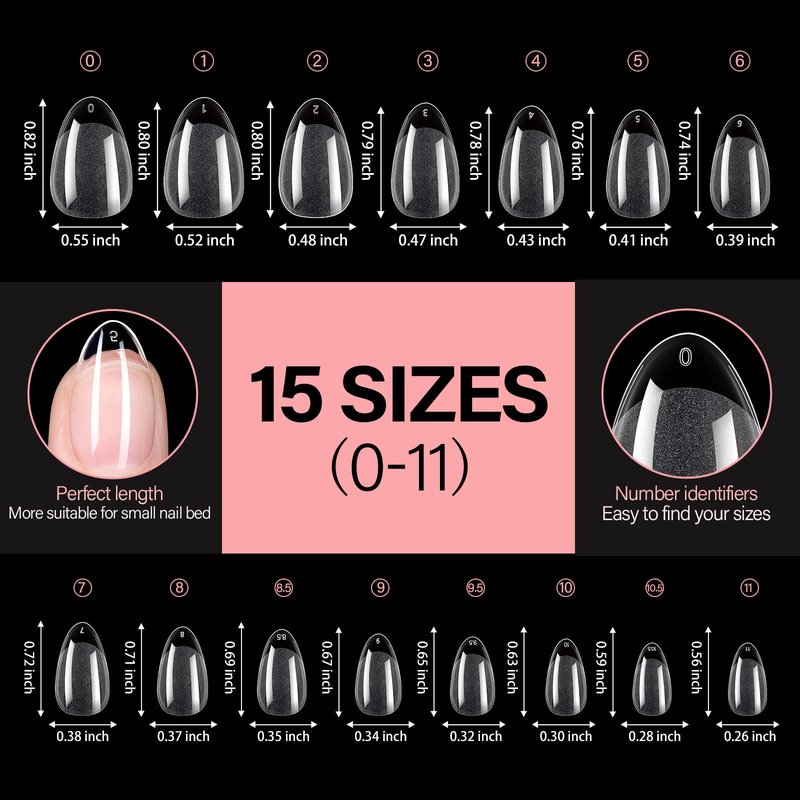 AILLSA Short Almond Nail Tips Pre-Shaped Acrylic Nail Tips Half Matte Full Cover Nails Tips Clear Gelly Press on False Tip Nail for Extension Nail Manicure Home DIY 240PCS 15Sizes