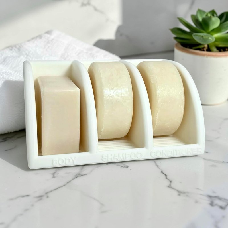 Shampoo Bar Holder for Shower, 3-Slot Soap & Conditioner Organizer with Drainage - Keeps Bars Dry & Lasts Longer - Modern Bathroom Organizer by Essence & Abode (Jade White)
