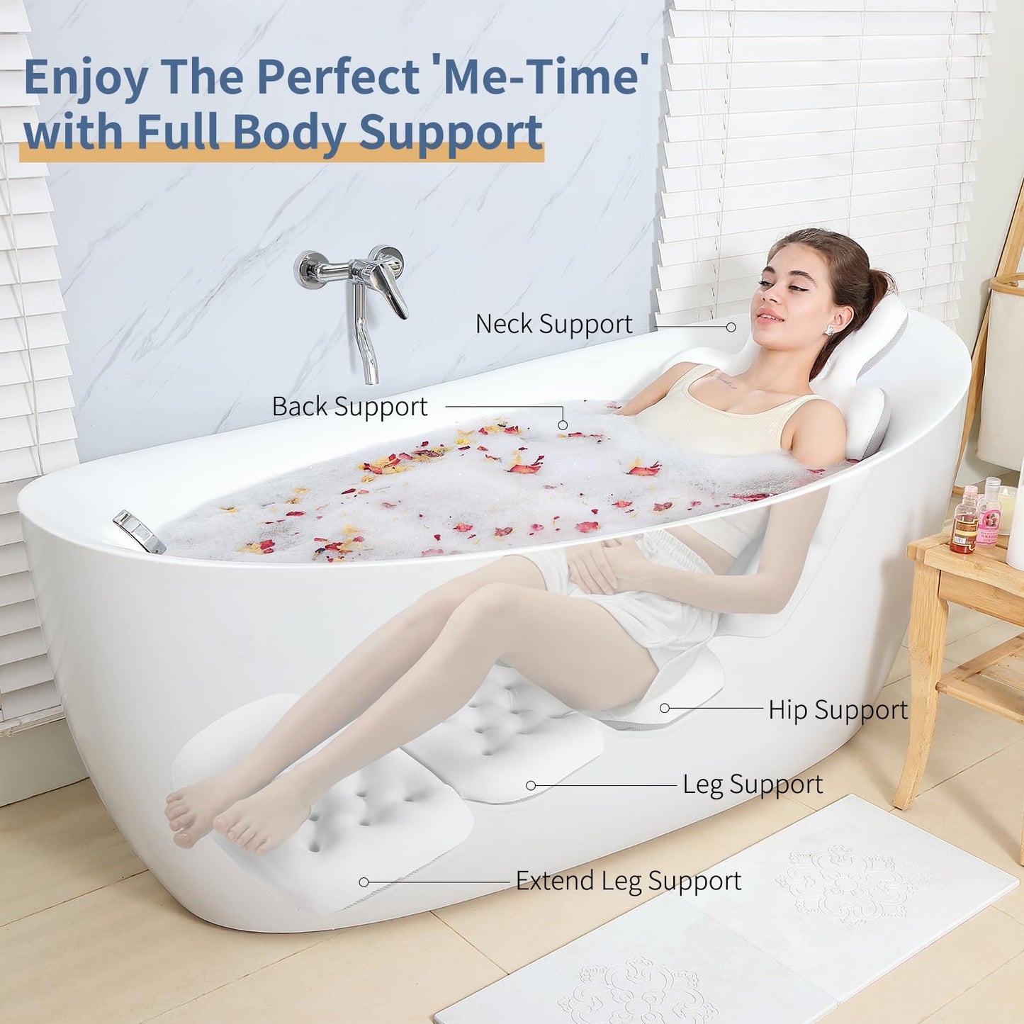 Luxury Bath Cushion, Full Body Bathtub Pillow with 160 Suction Cups, Bath Mat for Head and Neck Support, with Laundry Bag (White, 60" x 16")