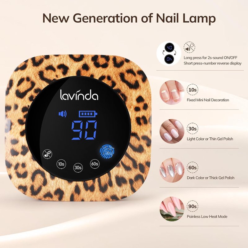 LED Nail Lamp - 54W Cordless UV Light for Gel Nails | 2X Faster Curing, 4 Timer Settings, Leopard Print Design