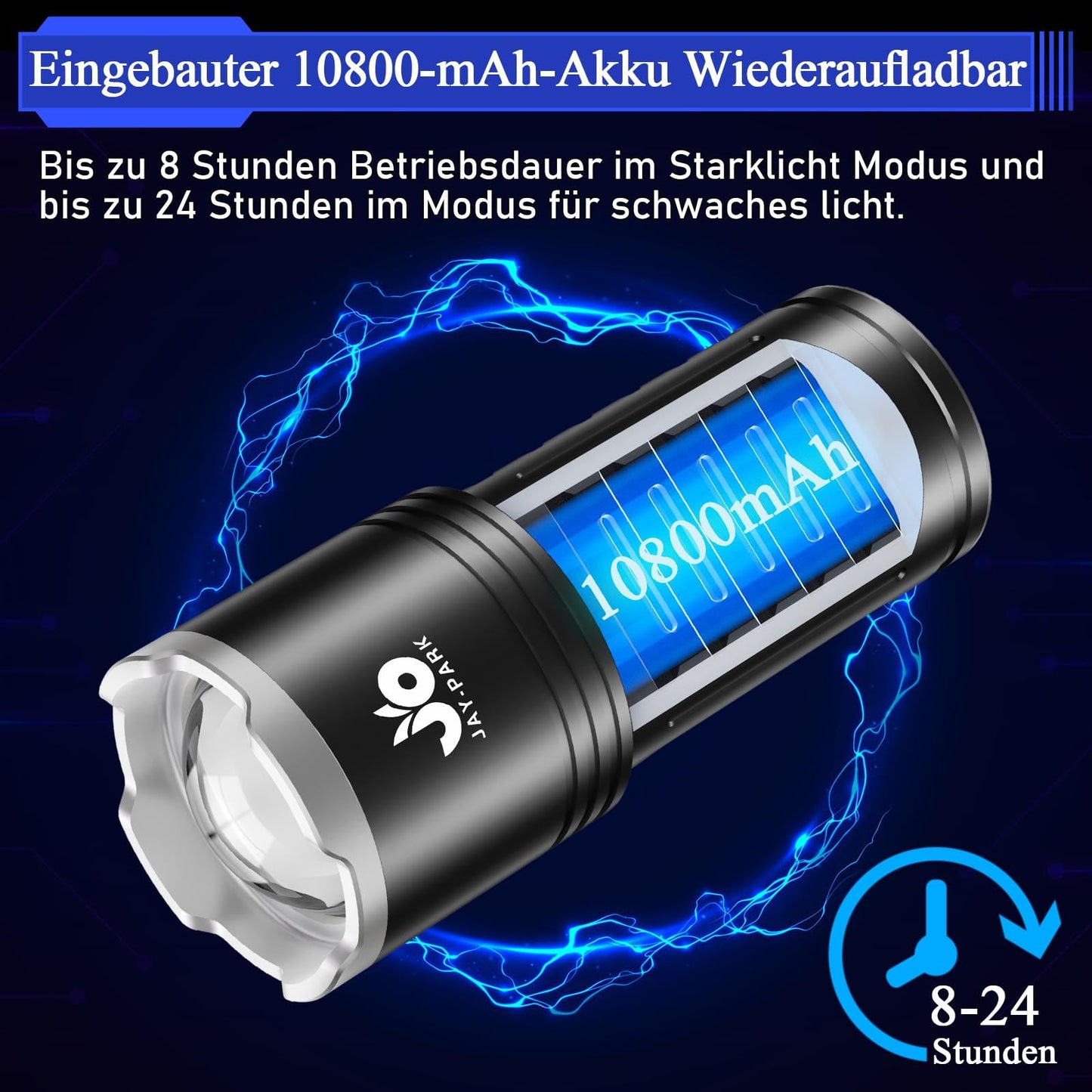 JAY-PARK LED Flashlights High Lumens 100000, Built-in 10800mAh Rechargeable Battery and LCD Power Display, 5 Lighting Modes, Zoomable, for Home, Emergency