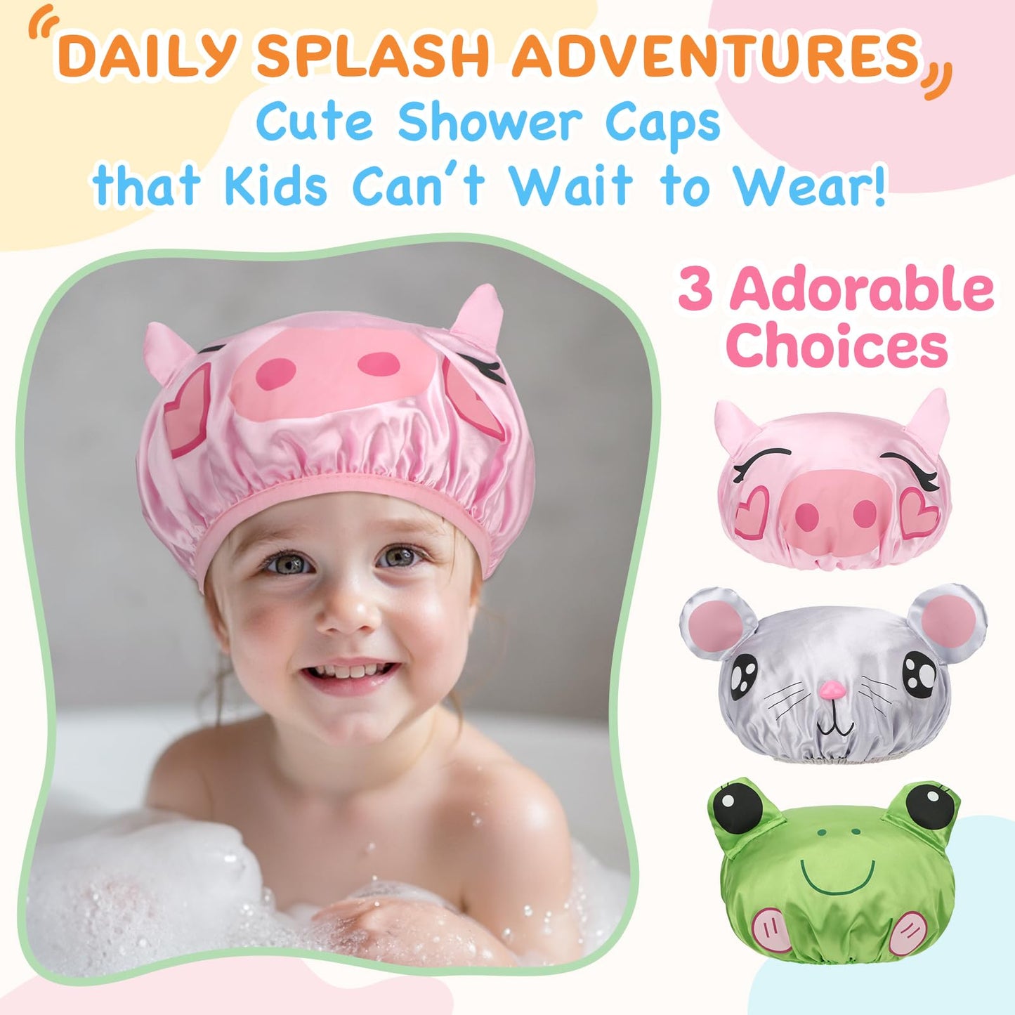 kilofly 3pc Fun Cute Animal Shower Caps for Kids Reusable Waterproof Bath Hat Set
