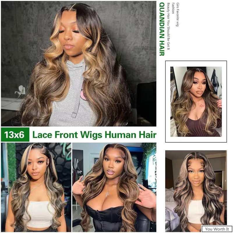 QUANDIAN 28 Inch 13x6 Balayage Highlight Lace Front Wig Human Hair 13x6 HD Lace Front Wigs Human Hair Body Wave Wig 180% Density FB/27 Colored Frontal Wigs Glueless for Women Ombre