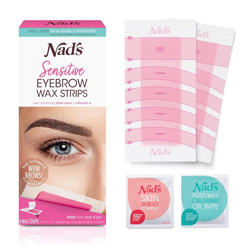 Nad's Eyebrow Wax Strips - Effective Facial Hair Removal Kit for Women | 6 Wax Strips, 6 Calming Wipes, 2g Powder