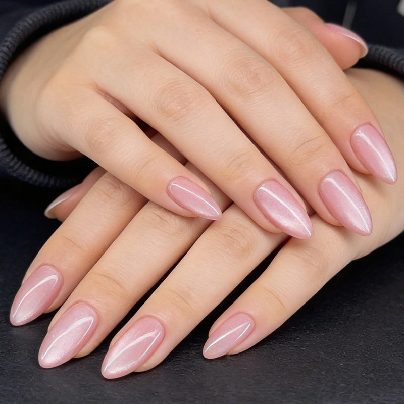 30Pcs Pink Press on Nails Glitter Fake Nails Medium Almond False Nail Reusable Glossy Full Cover Stick on Nail for Women Manicure