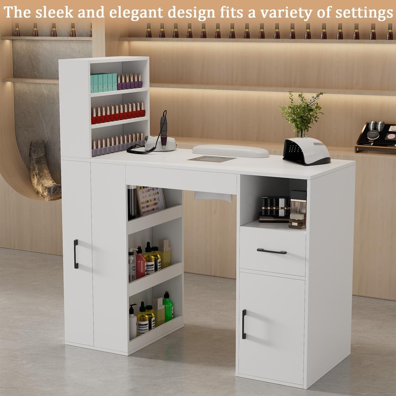 Annzoe Professional Nail Desk for Nail Tech with Storage Cabinet and Fan – Modern Nail Table for Salon, Nail Tech Table with Drawer, Armrest & Dust Collector,Manicure Table Nail Desk