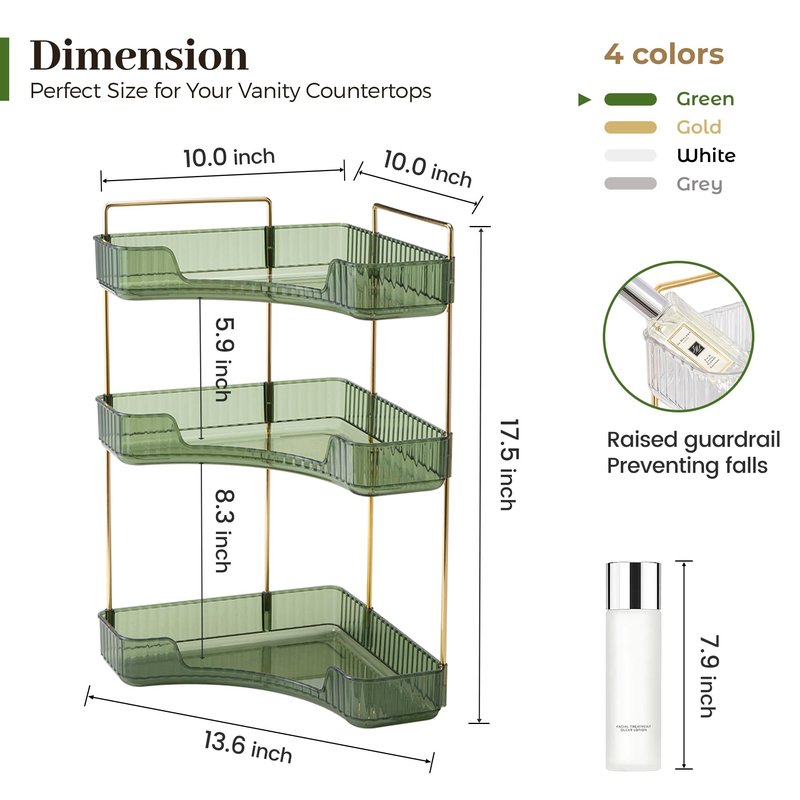 Aveniee Corner Bathroom Counter Organizer, 3 Tier Makeup Perfume Storage for Vanity, Countertop SkinCare Stand Shelf Holder for Women (Green)
