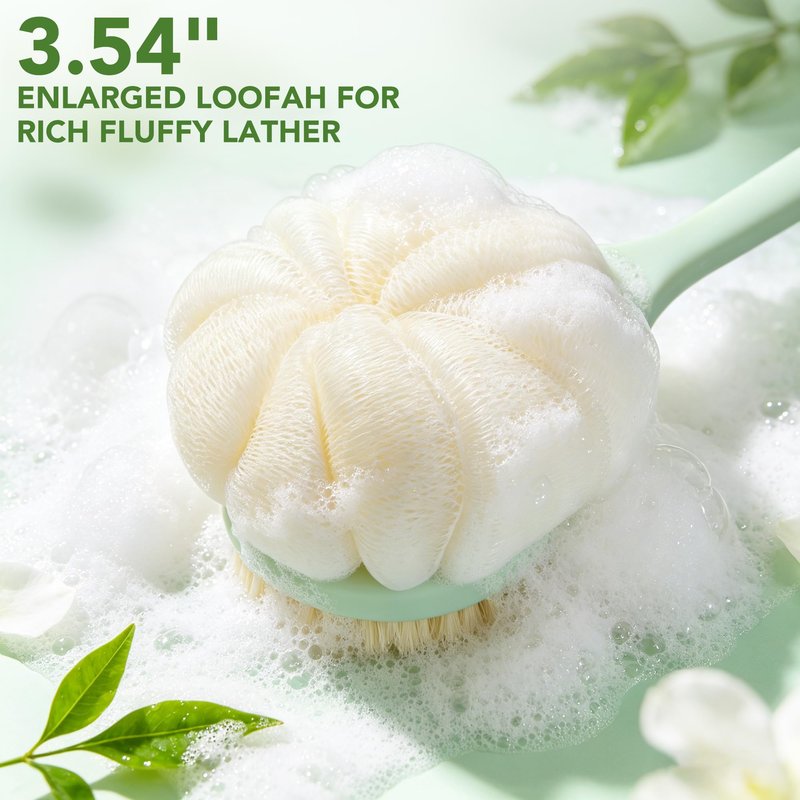 CYMPHW Back Scrubber for Shower, 15.7" Loofah with Handle, Back Shower Brush with Bristles and Loofah, Dry Brushing Body Brush for Cleanse Back and Hard to Reach Areas with Curved Long Handle