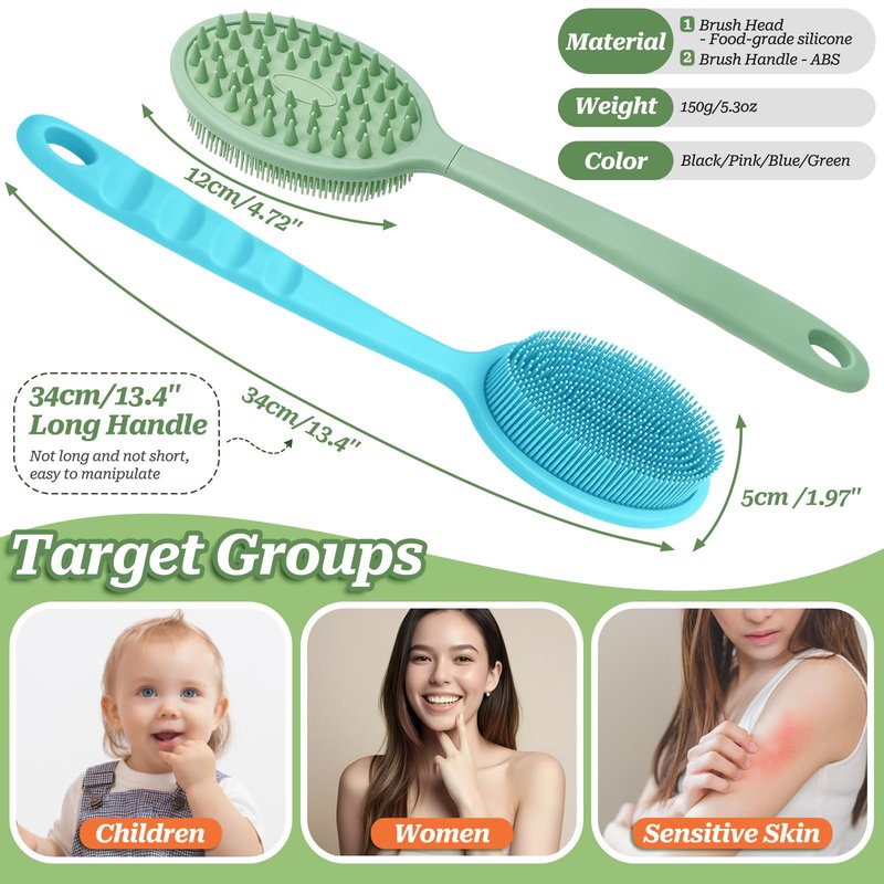 GEENOA Silicone Back Washer for Shower, Gentle Silicone Back Scrubber for Lathering, Soft Silicone Loofah Bath Brush with Dual-Side & Detachable Brush Head, Good for Sensitive Skin(Green)