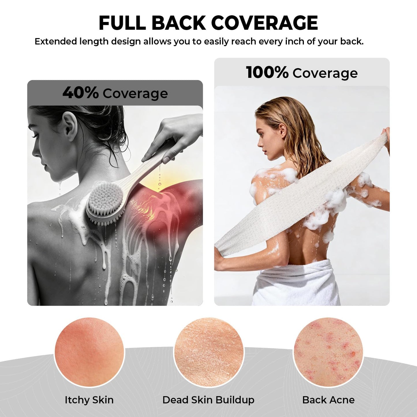 Hiflora 3D Wave Weave Japanese Exfoliating Washcloth, Long Exfoliating Back Scrubber for Shower, Gentle Body Scrub Towel, Korean Style, Cloud (Soft)