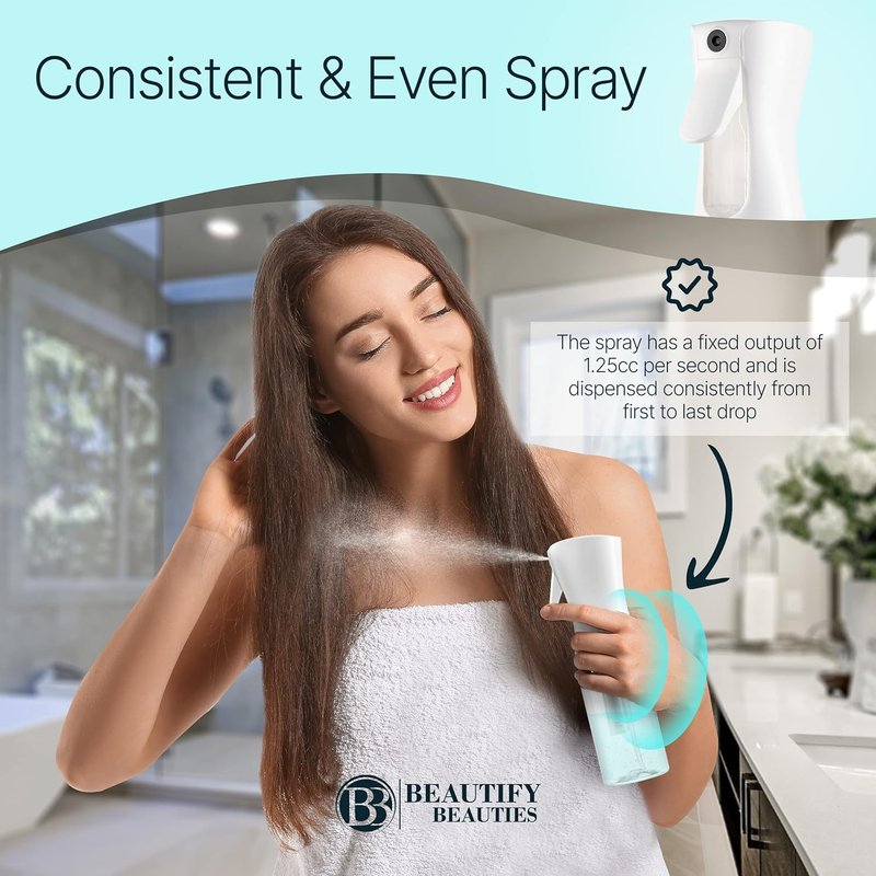 BeautifyBeauties Hair Spray Bottle - Ultra Fine Continuous Mister for Hairstyling & Skin Care | 6.8 Oz, White