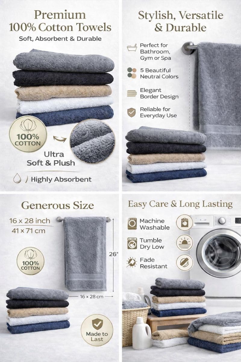 Mango Gifts 100% Cotton Hand Towels for Bathroom, Soft and Quick Dry Bath Towel for Face and Gym, Highly Absorbent Everyday Use, 550 GSM, 16 x 28 Inch, Pack of 5