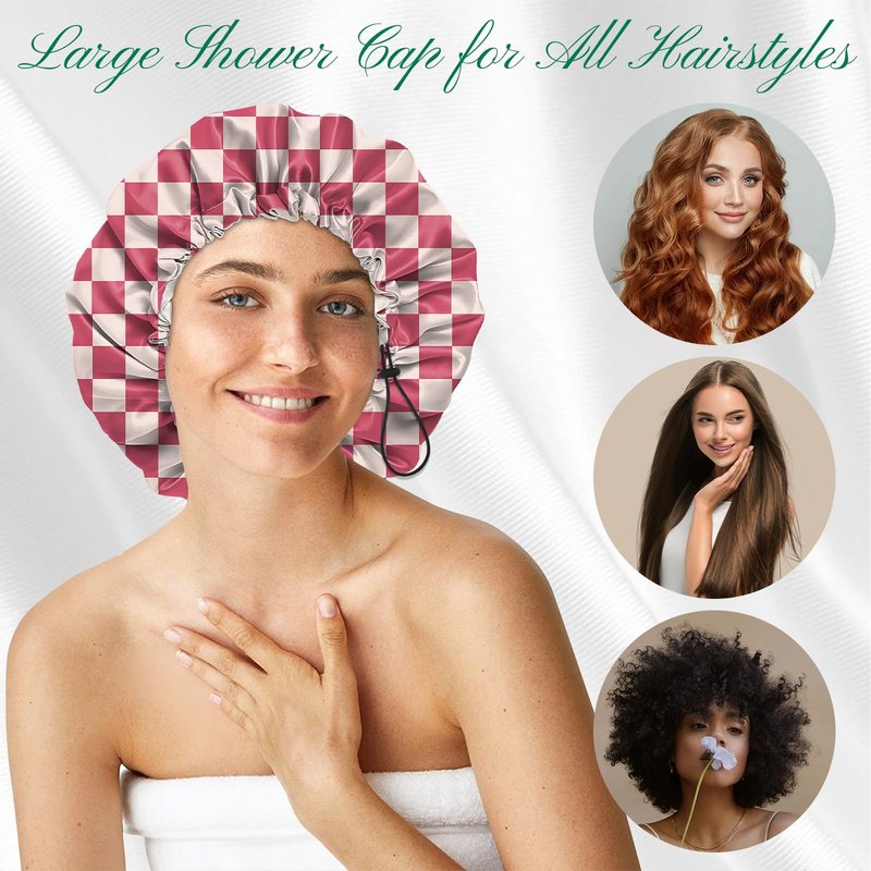 BHAHB 2 PCS Shower Cap Waterproof Double Layer Elastic Adjustable Reusable Hair Bath Caps for Girls Women Cute Aesthetic-Pink White