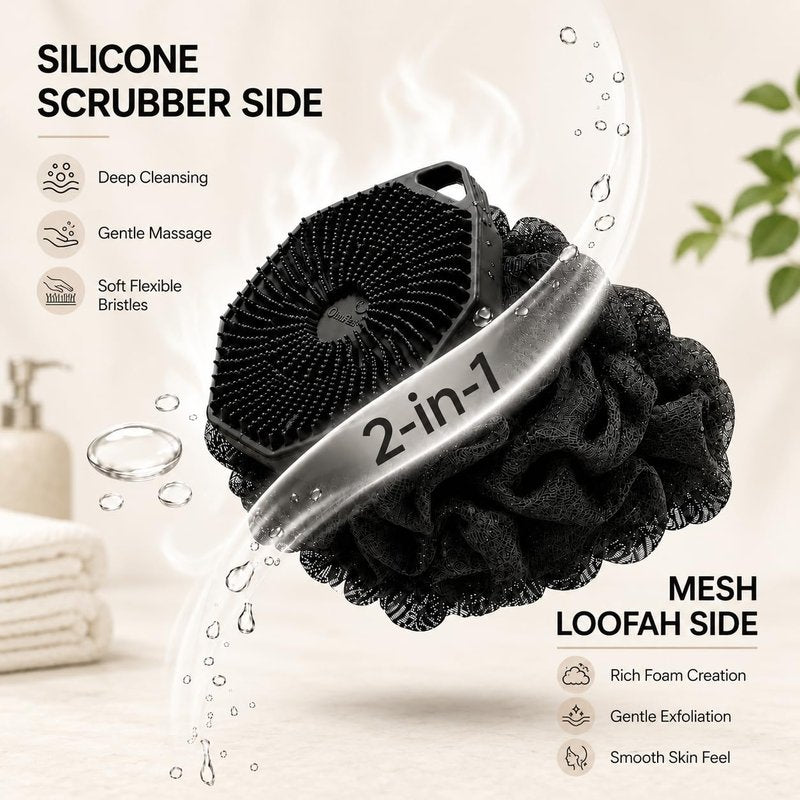 2-in-1 Silicone Body Scrubber & Mesh Loofah Sponge – Exfoliating Silicone Shower Scrubber with Soft Loofa Puff, Bristles, Non-Slip Grip, Quick Dry, Hygienic Body Scrubber for Women & Men