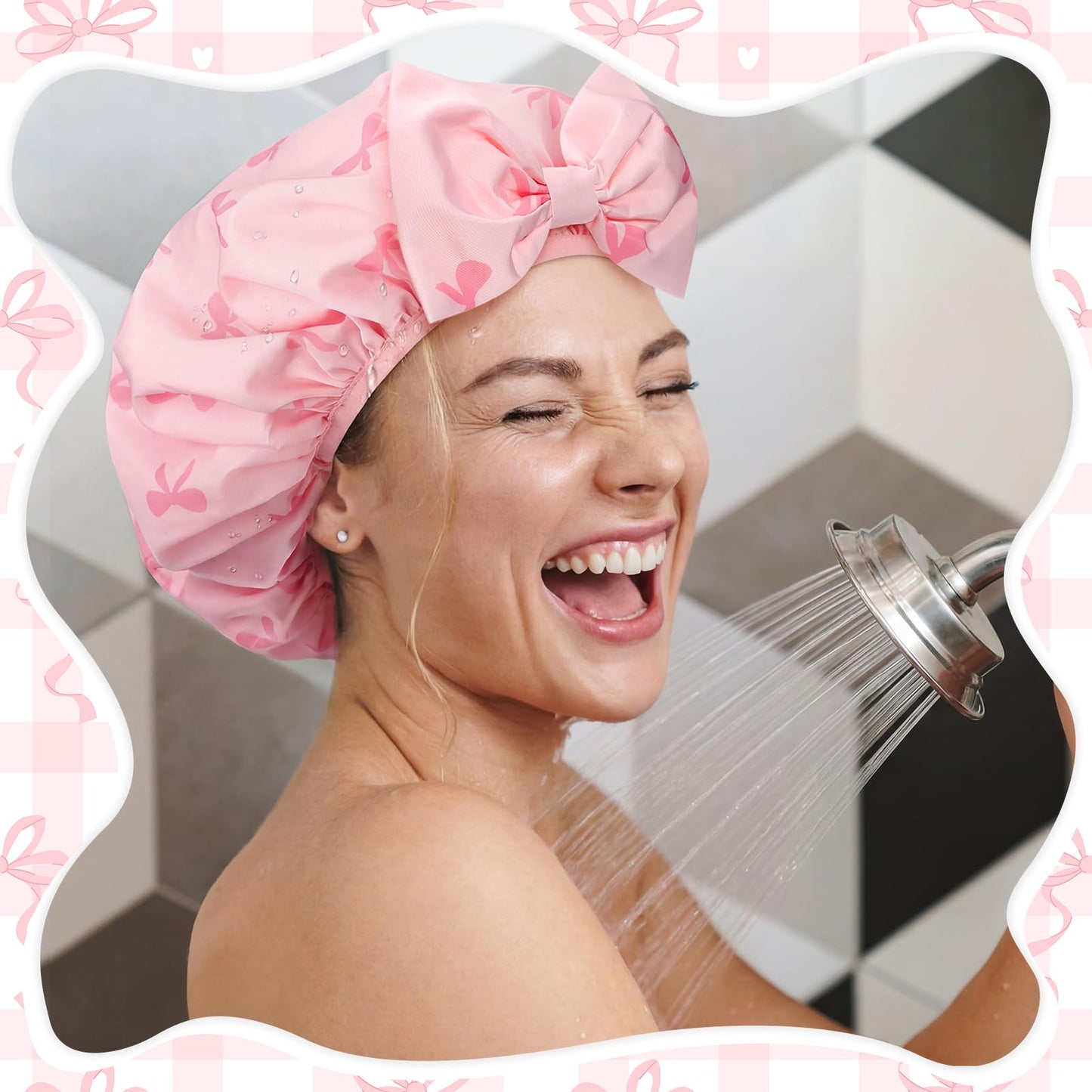 Janmercy Pink Bow Shower Cap for Women Terry Lined Shower Cap Reusable Waterproof Double Layer Bath Bonnet Adjustable Non Slip Quick Dry for Braids Long Straight Curly Hair Women Gifts