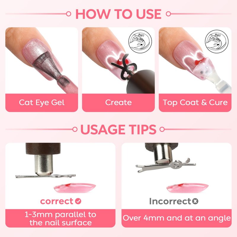 AIMEILI Cat Eye Nail Art Magnet Set - Strong 3-in-1 Wooden Handle with Flower, French & Heart Designs