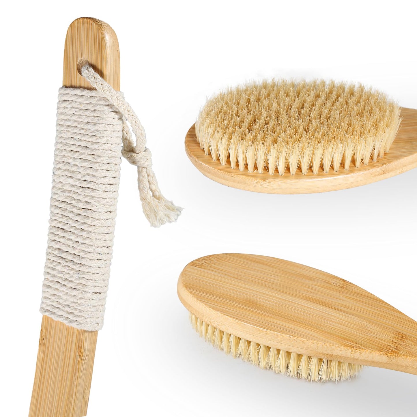 Bath Body Brush Shower, 22" Super Long Curved Bamboo Handle Antiskid Back Body Scrubber Wet/Dry Brushing, Moderately Soft Natural Bristle Body Brush for Showering
