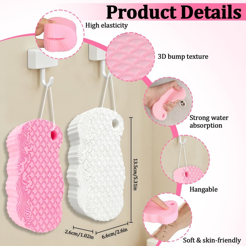 2Pcs Magic Exfoliating Bath Sponge, 3D Ultra-Soft Body Exfoliating Sponges, Deep Cleansing Dead Skin, Lanyard Bath Sponge for All Skin Types,Suitable for Both Men and Women (Pink+White)