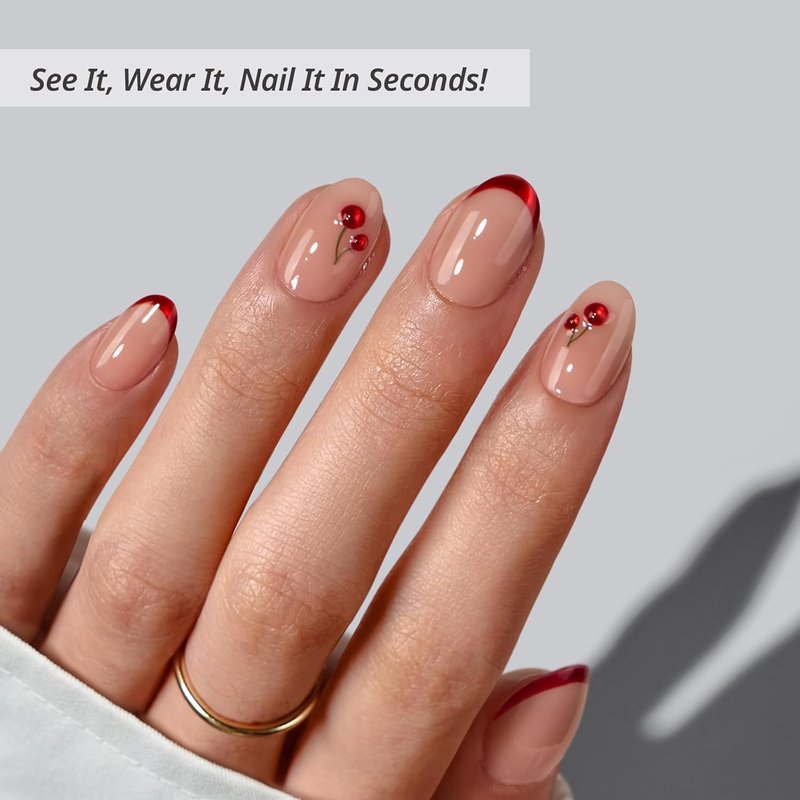 BTArtbox French Tip Press On Nails - Cherry Charm | Extra Short Red Almond Design, 16 Sizes, Includes Glue & Adhesive Tabs