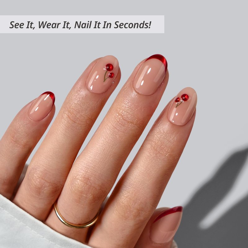 BTArtbox Press On Nails Short - New Red, Sparkle Deep Red Almond Press On Nails with Glue and Adhesive Tabs for Women in 16 Sizes - 32 Soft Gel Glue On Nails Kit