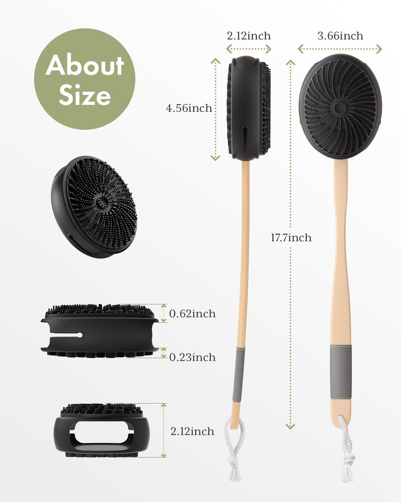 AmazerBath Silicone Body Scrubber with Long Wooden Handle, Dual-Sided Silicone Loofah for Men Women, Detachable Super-Exfoliating Body Scrubber and Super-Lathering Shower Brush Combination, Black