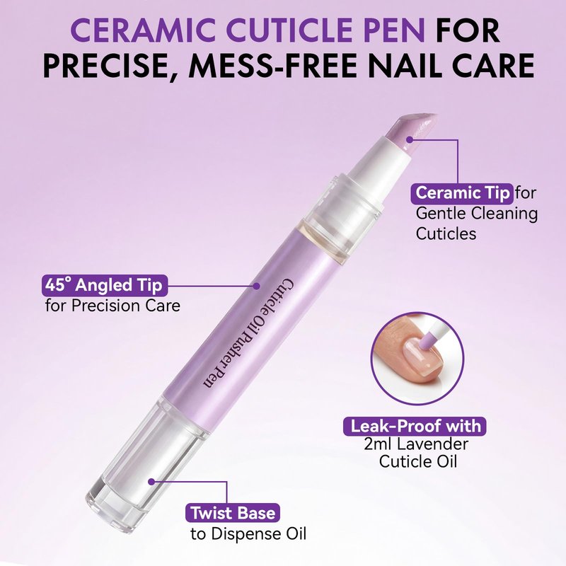 Glopink 2 in 1 Cuticle Oil Pusher Pen, Ceramic Cuticle Pen with 2ml Lavender Oil, Gentle Cuticle Remover Pen for Hangnails, Dry & Damaged Nails, Exfoliates, Strengthens, Polishes, Smoothes, 2 PCS