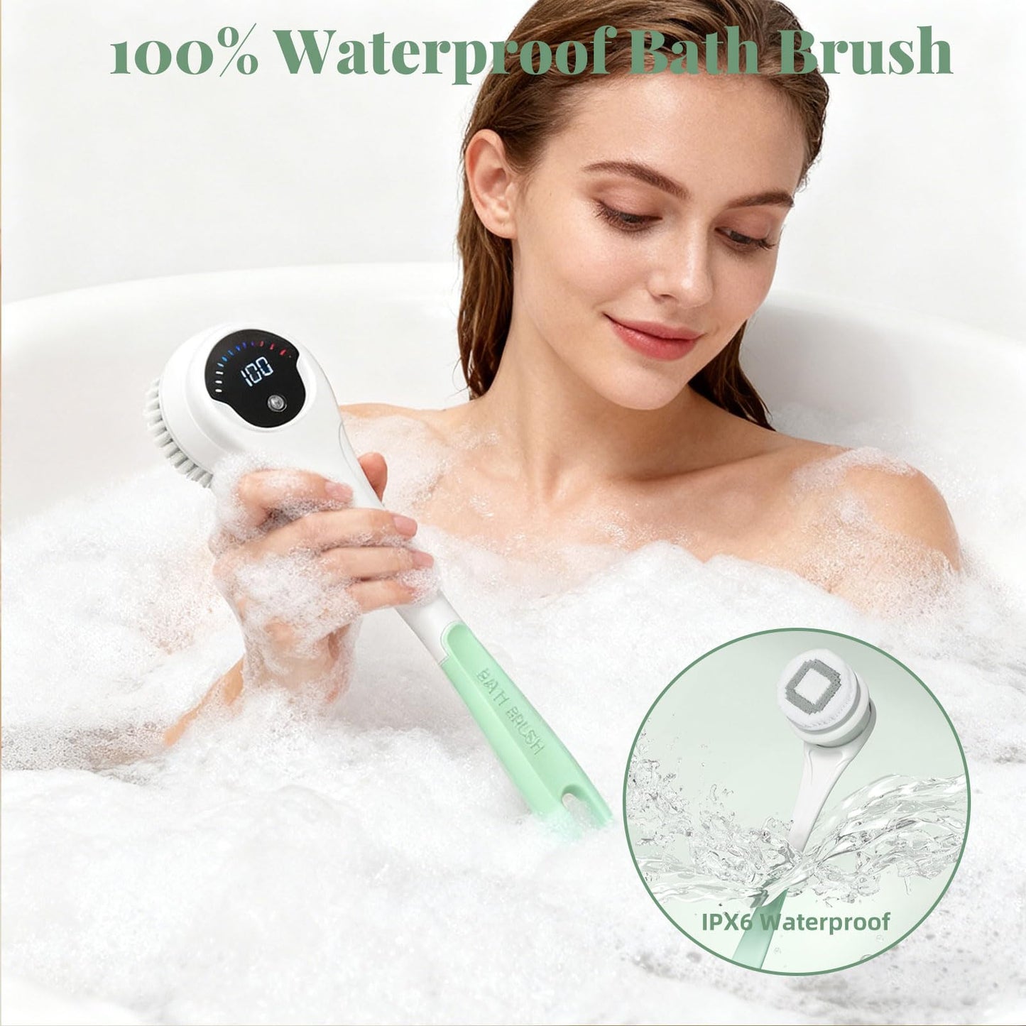 Electric Body Brush, 5 in 1 Cordless Rechargeable Bath Brush, 3 Speed Silicone Body Scrubber, LCD Display Detachable Rotating Body Brushes, Waterproof Back Brushes for Clean Exfoliate Massage (Green)