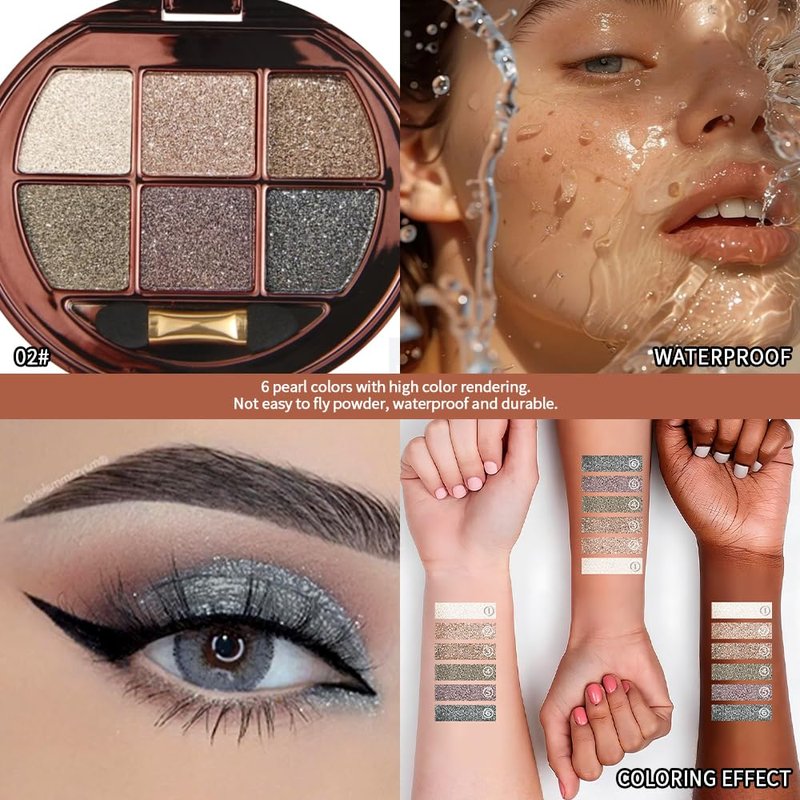 Shimmer Glitter Metallic Mini Eyeshadow Palette – 6-Color Neutral Cool-Tone Eye Shadow Kit, High Pigment Nude Smokey Eyeshadow, Long-Lasting Blendable Sparkle Eye Makeup Palette for Daily & Glam Looks