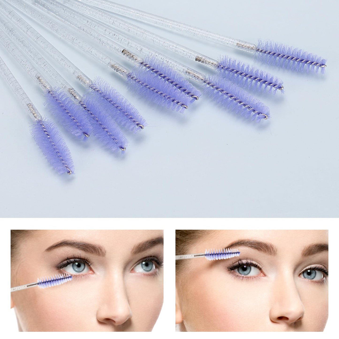 Tbestmax 50 Pcs Disposable Mascara Wands, Crystal Eyebrow Spoolies Brush for Eyelash Extensions, Eye Lash and Makeup Brush - Light Purple