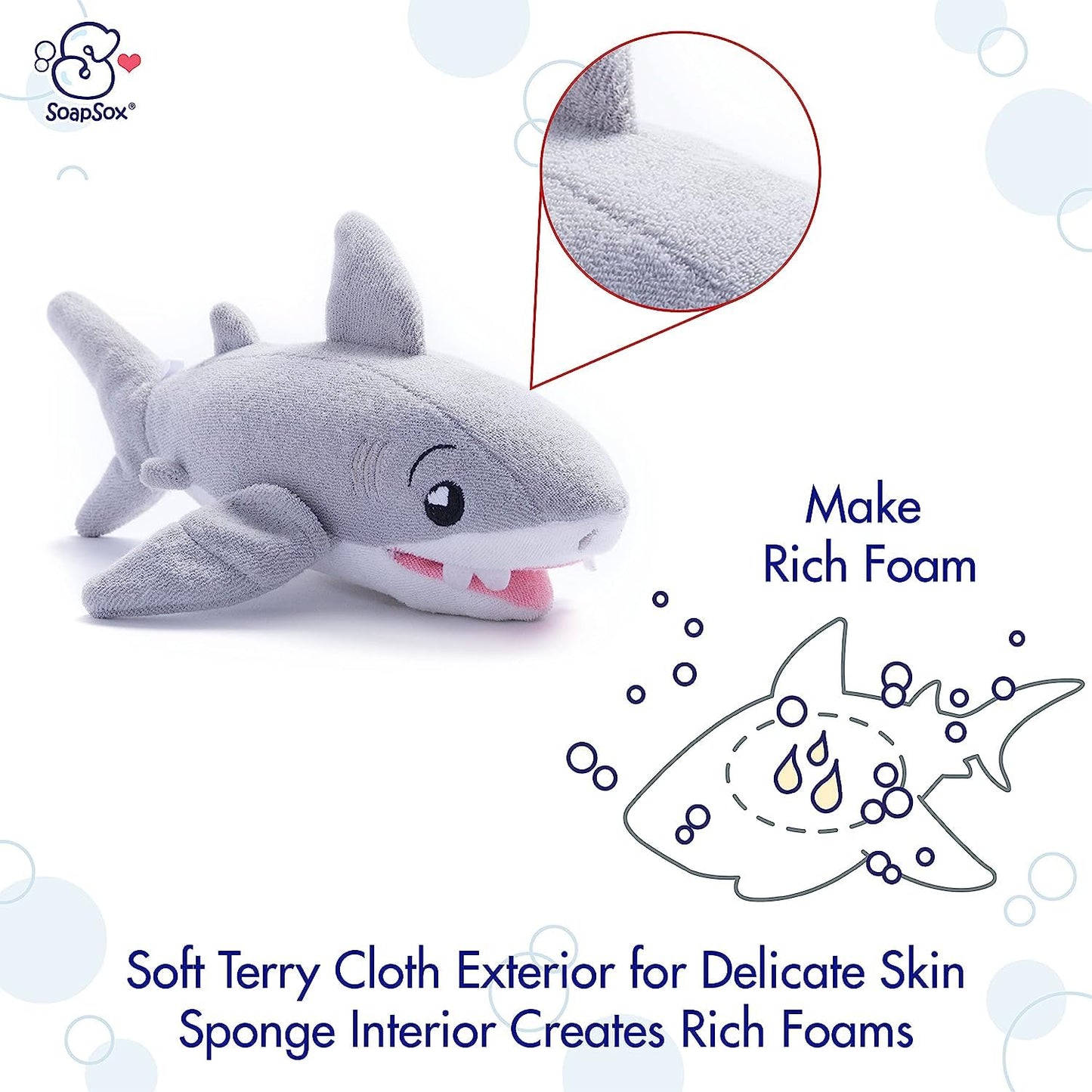 SoapSox Kids Exfoliating Bath Scrub (Tank the Shark) - Soft Animal Toy Wash Cloth Sponge with Soap Pocket Insert - Fun Loofah Characters for Babies, Kids and Children