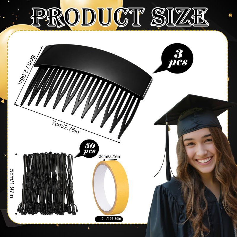LemonRoad 3 Pcs Graduation Cap Headband Insert Clips with 50 Pcs Safety Pins for Secures Grad Cap and Hairstyle Hat Accessories for Graduation Party or Celebration