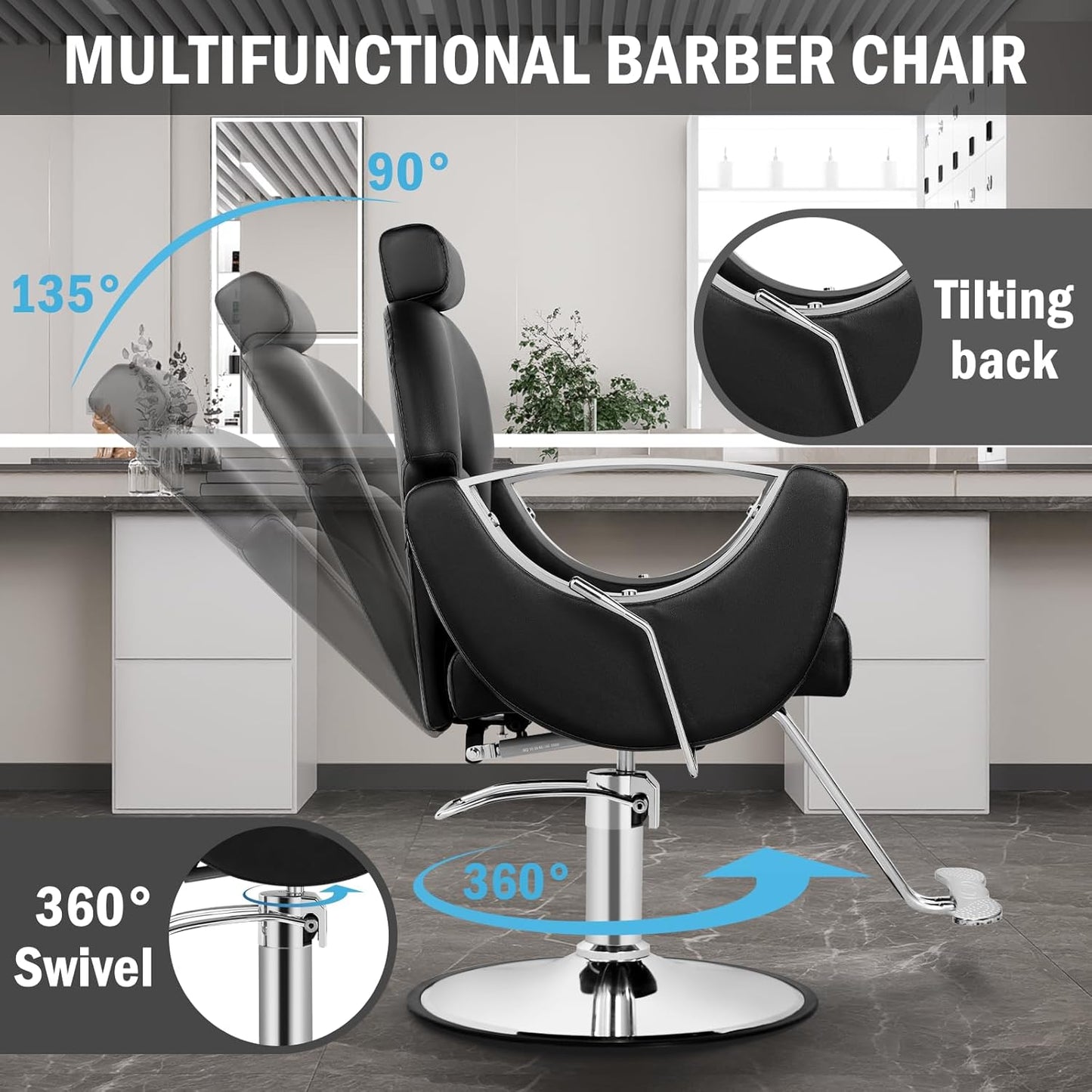 Skiennix Reclining Salon Chair - Heavy Duty Barber Chair with Adjustable Headrest | 360° Swivel, Black Silver, 440Lbs Capacity