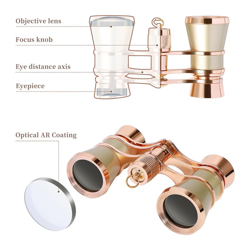 Scicalife Gold 3x25 Compact Binoculars for Adults – Pocket-Size Theater Glasses with Chain for Opera & Concerts, Foldable Travel Telescope for Bird Watching & Camping
