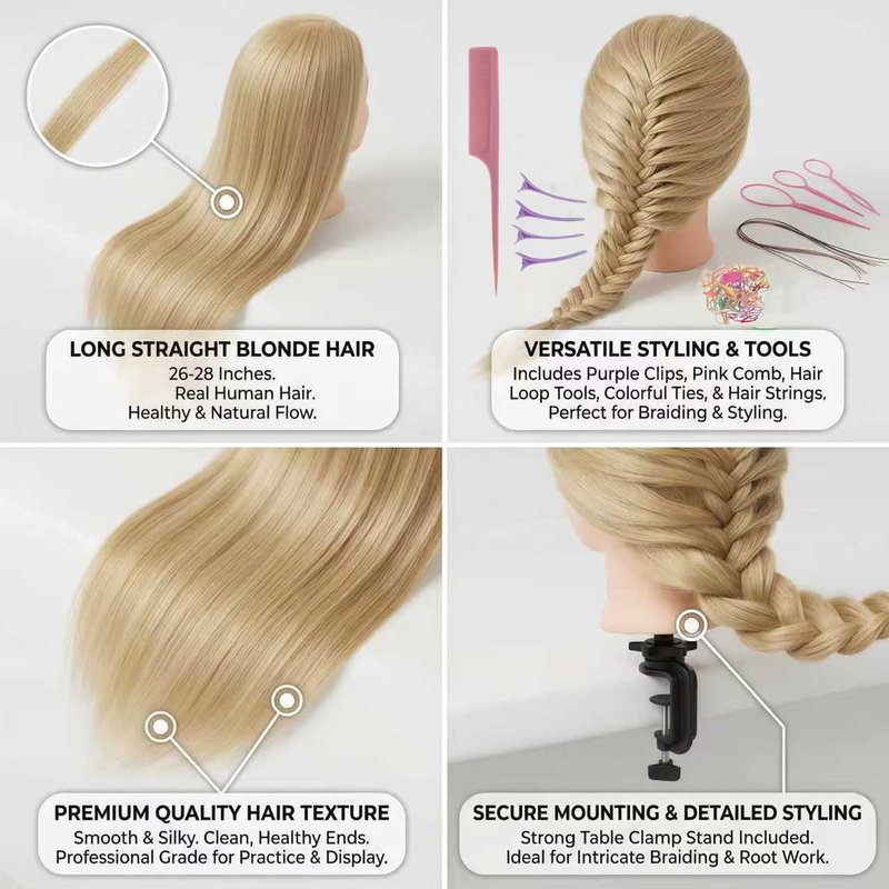 Skiennix 26-Inch Human Hair Mannequin Head - Ideal for Braiding & Cosmetology Practice | Golden Color