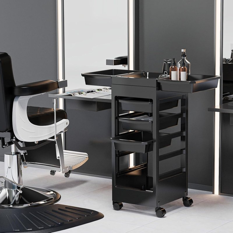 OmySalon Salon Cart for Hair Stylists - Black Rolling Organizer with 5 Drawers & Hair Dryer Holder | Beauty Spa Storage Solution