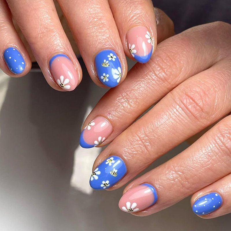 Skiennix Blue French Tip Press-On Nails - Short Almond Floral Design | Reusable Glossy Acrylic for Women