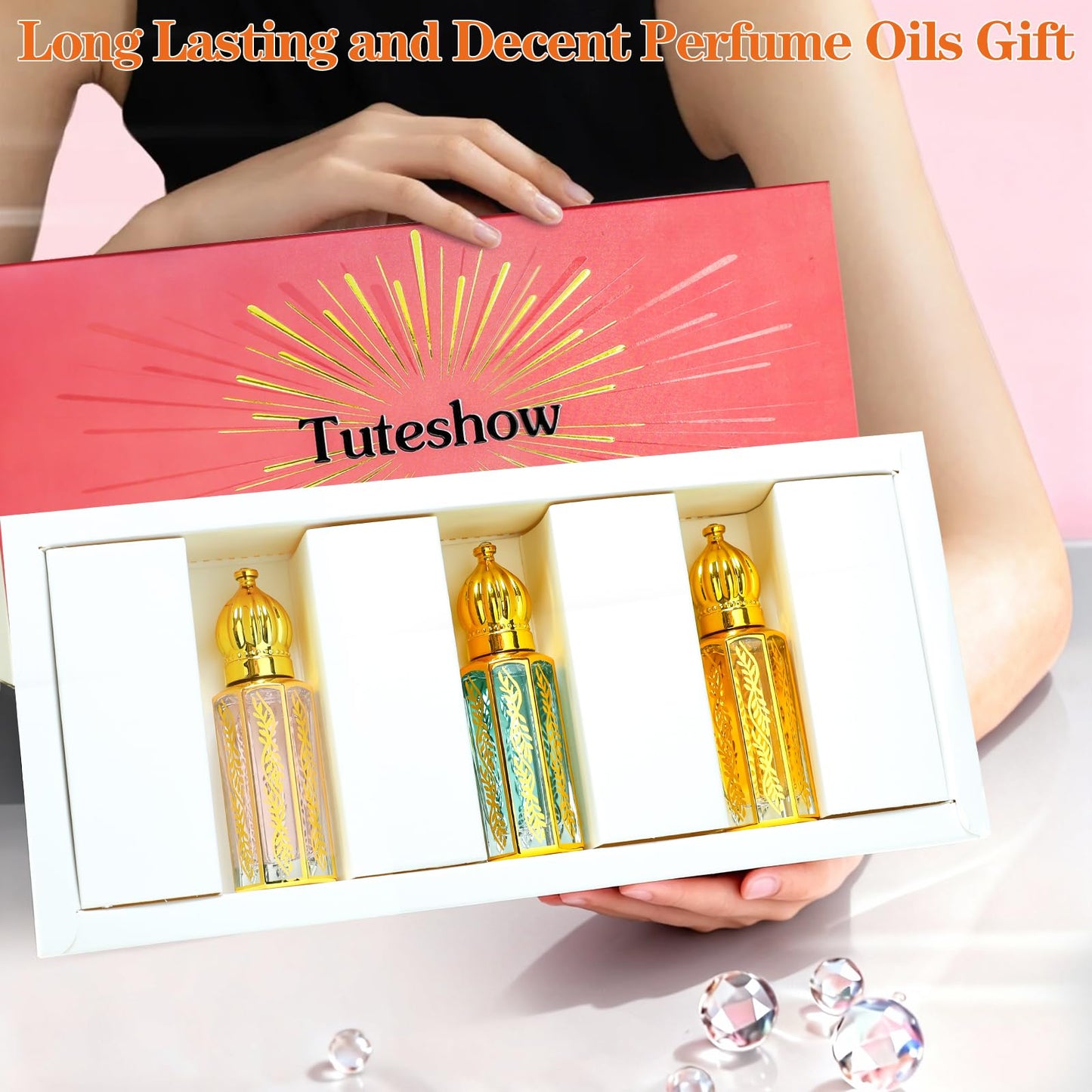 Tuteshow 3 Pack Arabian Perfume for Women, Arabic Perfume Oil Roll On, Rose, Jasmine, Musk, Sandalwood, Eau de Parfum and Eau de Toilette, 0.4 fl. oz