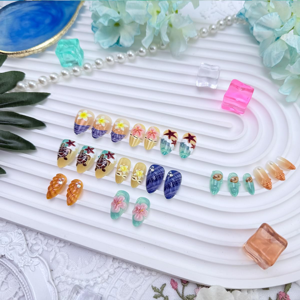 Summer Beach Press on Nails Short Almond 24Pcs Floral False Nails with 3D Ocean Seashell Turtle Starfish Design Cute Fake Nails Blue Sea Acrylic Nails Full Cover Glue on Nail for Women Spring Nail DIY