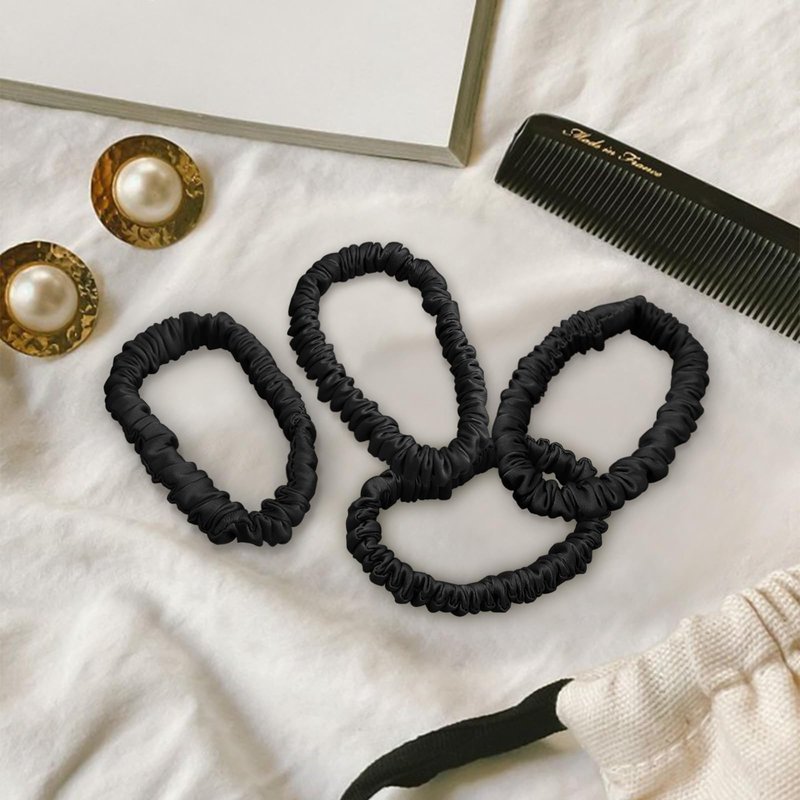 Mulberry Silk Scrunchies 4 Pack - Non Slip, Black Small Thin Silk Scrunchies for Women, Sleepy Ties for Thick Hair