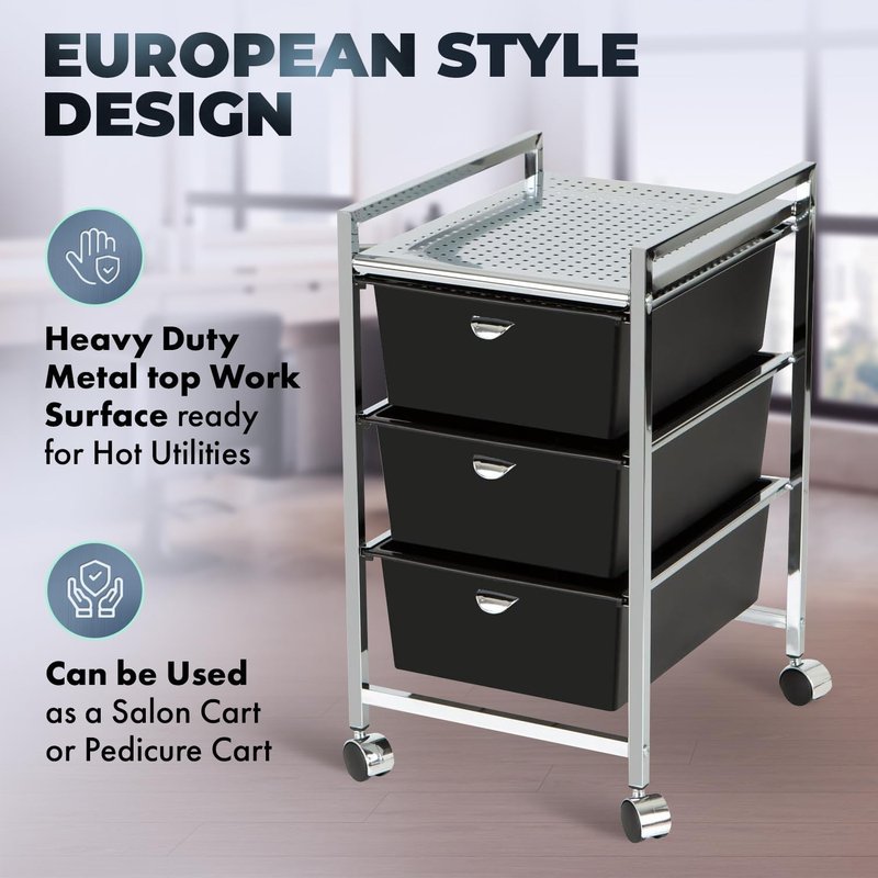 Pibbs D23 Metal Salon Roller Cart - Heavy-Duty Utility Pedicure Cart with 3 XL Removable Drawers | European Design