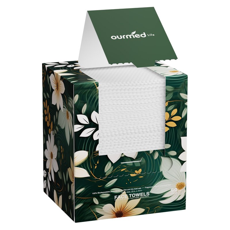 Ourmed Life Disposable Face Towels, 10 x 10 Inch Extra Large Biodegradable Facial Towels, Dual-Sided Pearl Texture Lint-Free Dry Wipes for Sensitive Skin, Makeup Removal, Cleansing & Skincare, 60 Ct