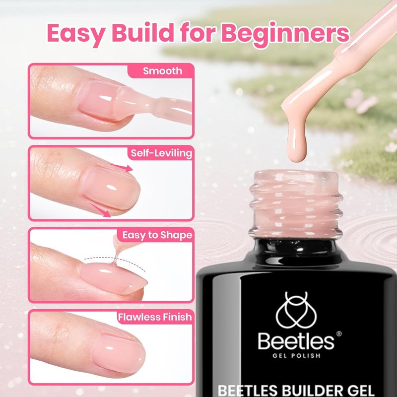 Beetles Builder Gel Nail Kit - Glow Meadow 6-Color Pink Nude Glitter Gel for Nail Strengthening & Extensions | Beginner-Friendly DIY