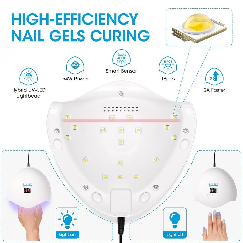 Gellen 54W UV Nail Lamp - Auto Sensor with LCD Display & 3 Timers | Fast Curing Gel Polish Dryer, White