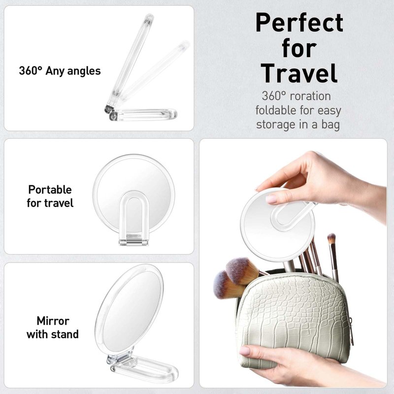 LFOYOU Magnifying Handheld Mirror Double Sided, 1X 15X Magnification Hand Mirror, Travel Folding Held Adjustable Rotation Pedestal Makeup Desk Vanity Mirror