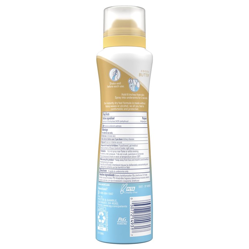Secret Dry Spray Antiperspirant Deodorant for Women, 48hr Weightless Sweat & Odor Protection, Gentle on Skin, Cocoa Butter Scent, 4.1 oz