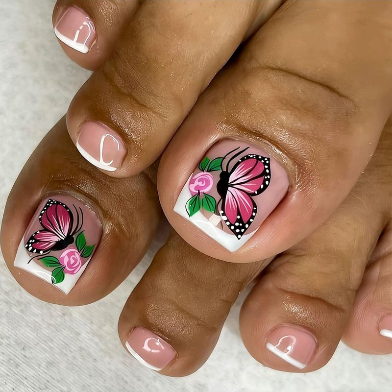 Press-On Toenails - Spring Butterfly Flowers Full Cover Glossy White Square Tips | 24PCS for Women