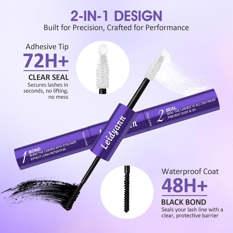 Eyelash Glue Lash Bond & Seal, 2-in-1 Adhesive for Lash Clusters & DIY Eyelash Extensions, 72H Waterproof Strong Hold, Quick Dry, Smudge-Proof, Gentle Non-Irritating Formula