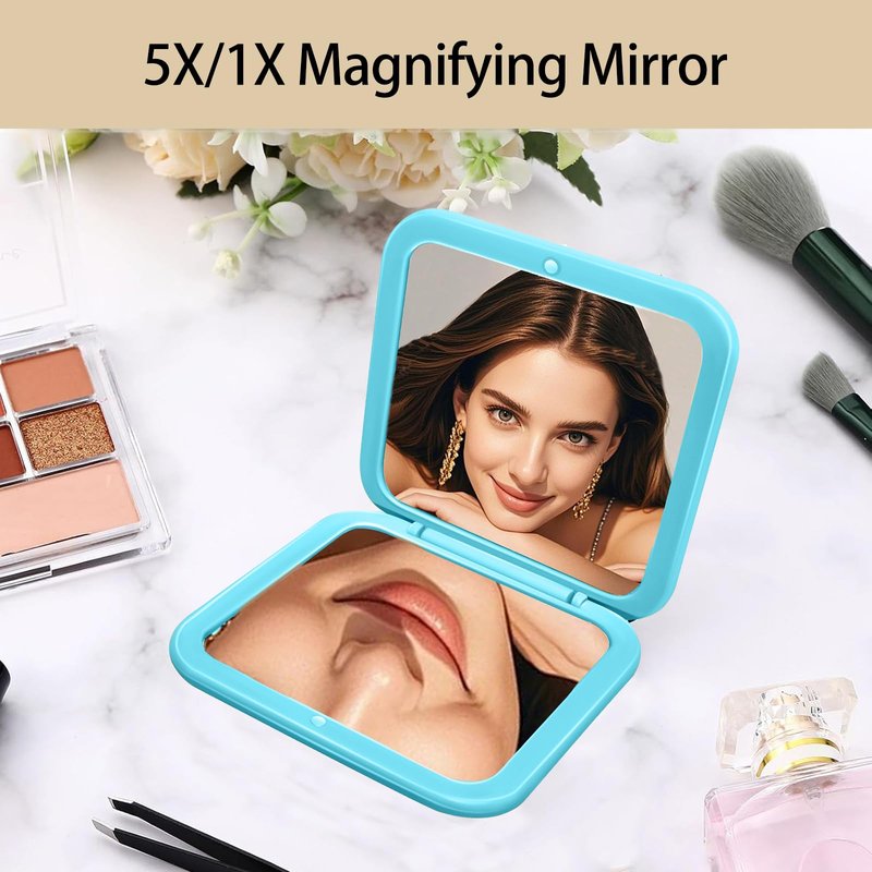 CYHTSHFZ Small Compact Mirror for Purse,5X/1X Travel Magnifying Mirror for Women, Makeup Mirror for Girls, Portable Ultra Slim Pocket Mirror（Light Blue）