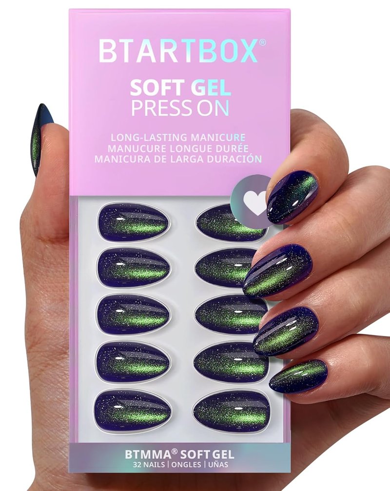 Press On Nails - Witch's Emerald & Sparkle Cat Eye Blue | Halloween Almond Gel Nails Kit - 16 Sizes, 32 Pieces