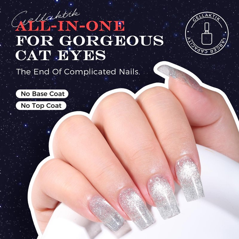 GELLAKTIK 5-in-1 Cat Eye Gel Polish 15ml No Base/Top Coat Needed All-in-One Formula, Beginner-Friendly Magnetic Nail Polish with Magnet Stick, Fast Curing for Home DIY Manicure (Silver)